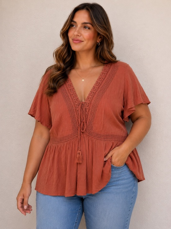 torrid Tops - Torrid Women's Tie-Front Boho Tunic Top in Rust